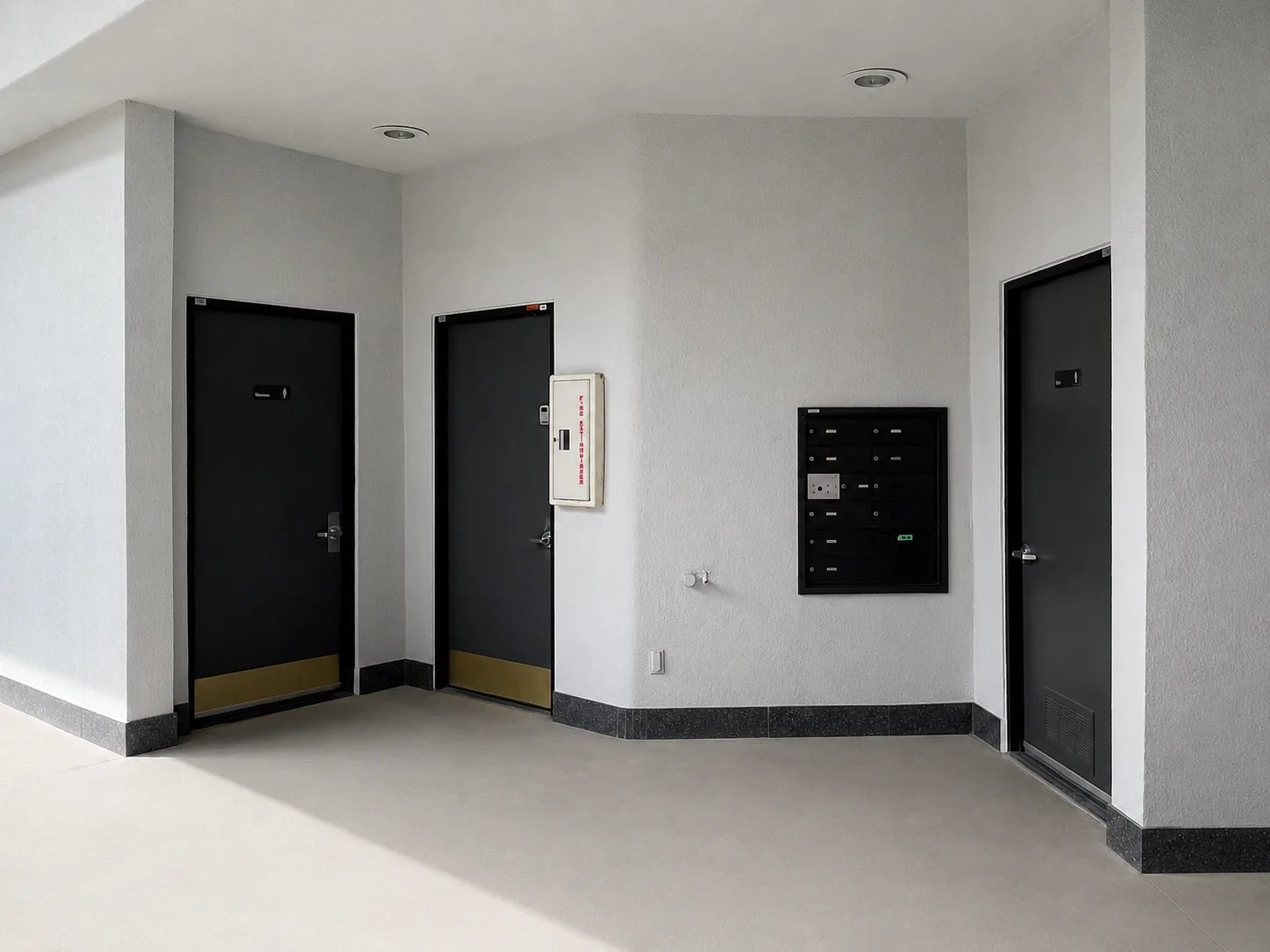 Covered walkway with private suite entrances and tenant mailboxes