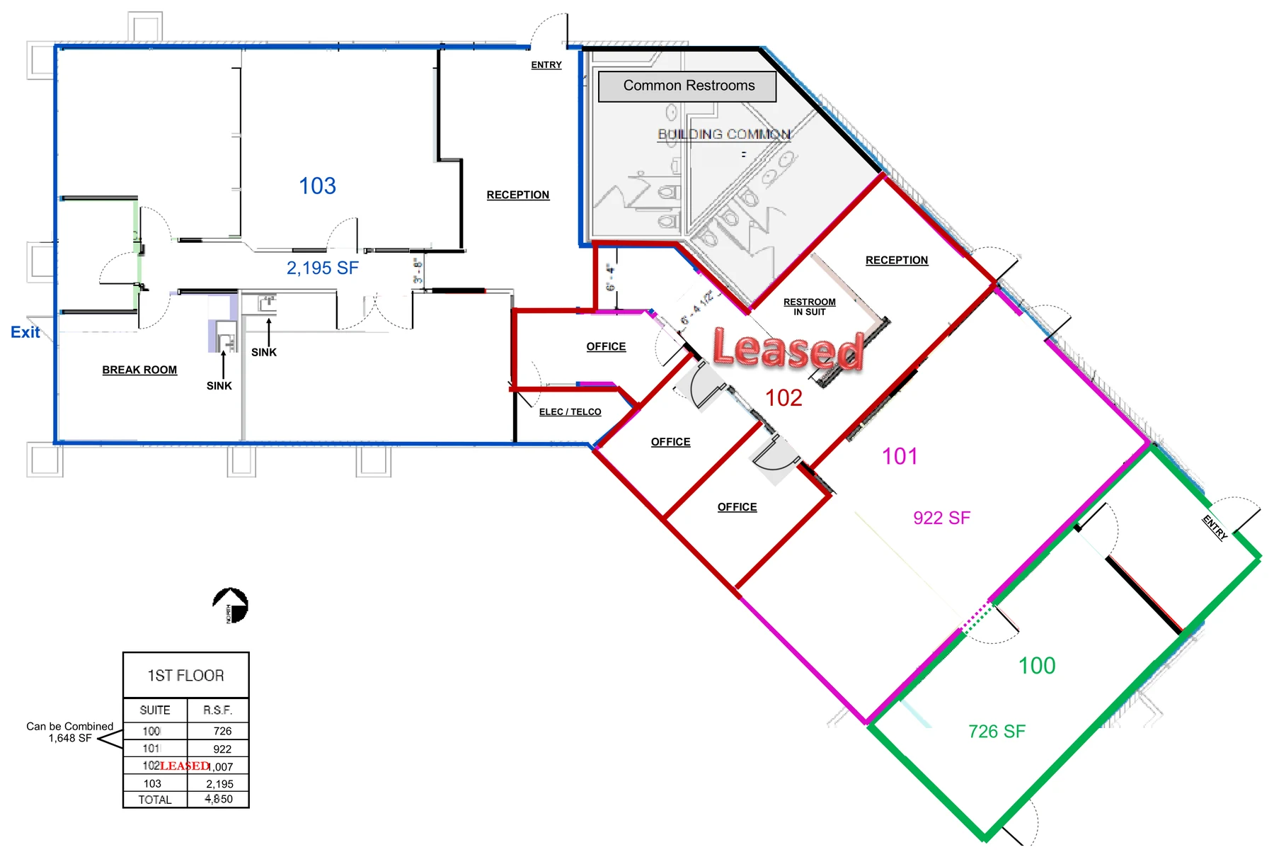 First floor plan of Bell Road Office Park showing Suite 100B at 726 SF, Suite 101B at 922 SF, leased Suite 102 at 1,007 SF, and Suite 103B at 2,195 SF, 4,850 SF total